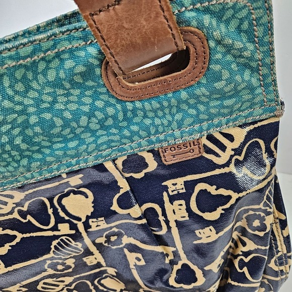 Fossil Key-Per Tote Shoulder Bag Teal Blue Navy Coated Purse Shopper - Picture 3 of 10